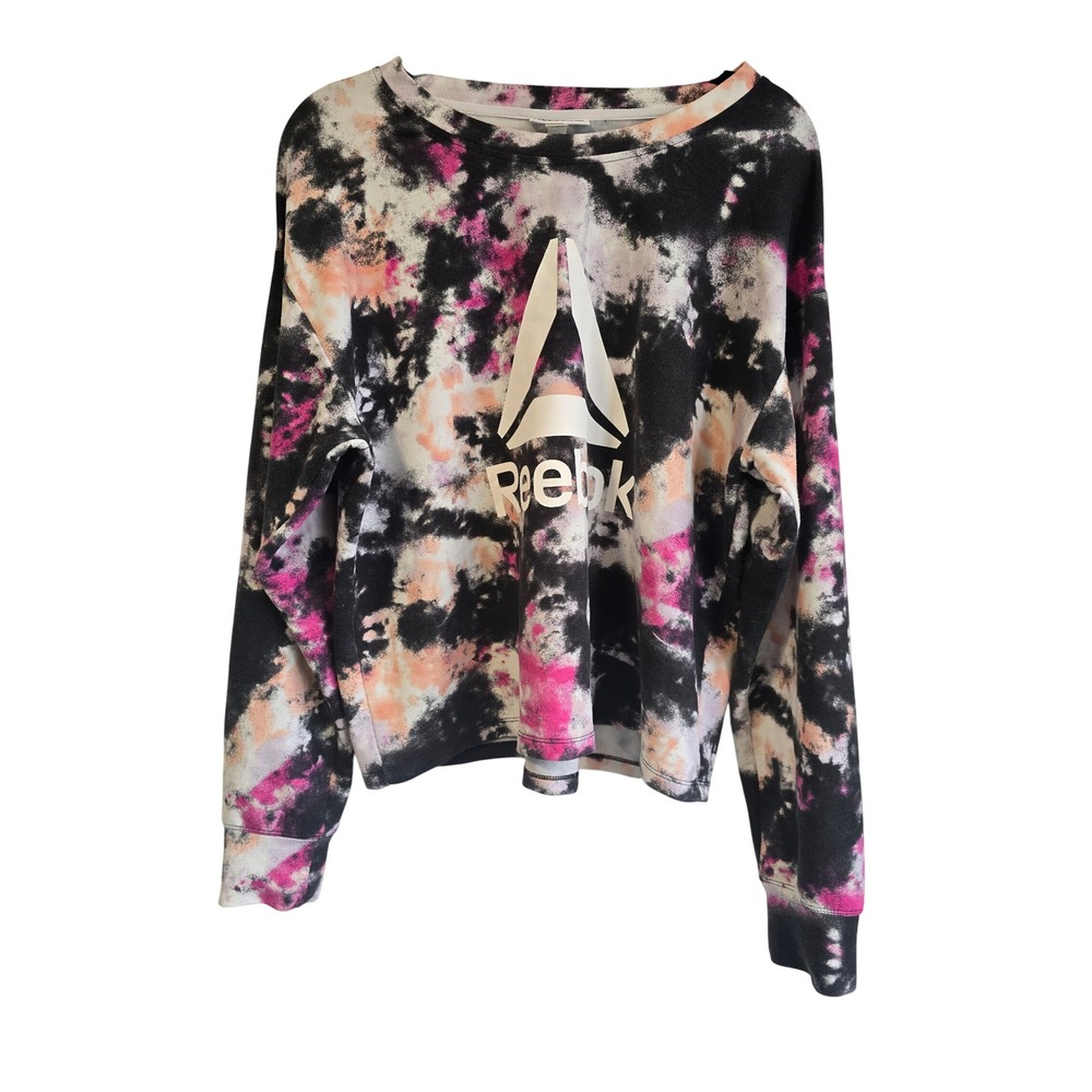 Reebok Womens Tie Dye Delta Logo Pullover Sweatshirt Black Pink Orange L 24x22
